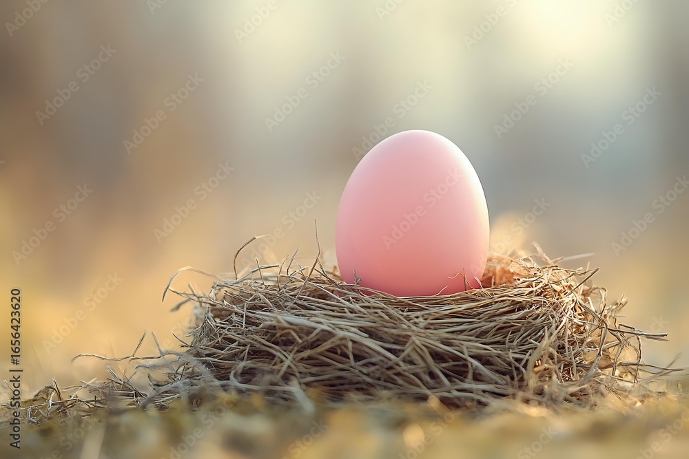 Poster pink egg resting in natural bird nest made of twigs and straw, illuminated by soft golden sunlight c