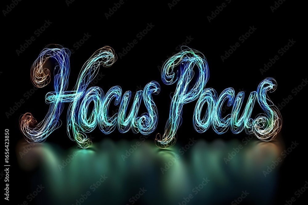 Poster glowing neon blue and turquoise hocus pocus text effect with light trails and magical sparkle elemen