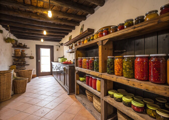 Traditional Clay Jar Display in Village Kitchen