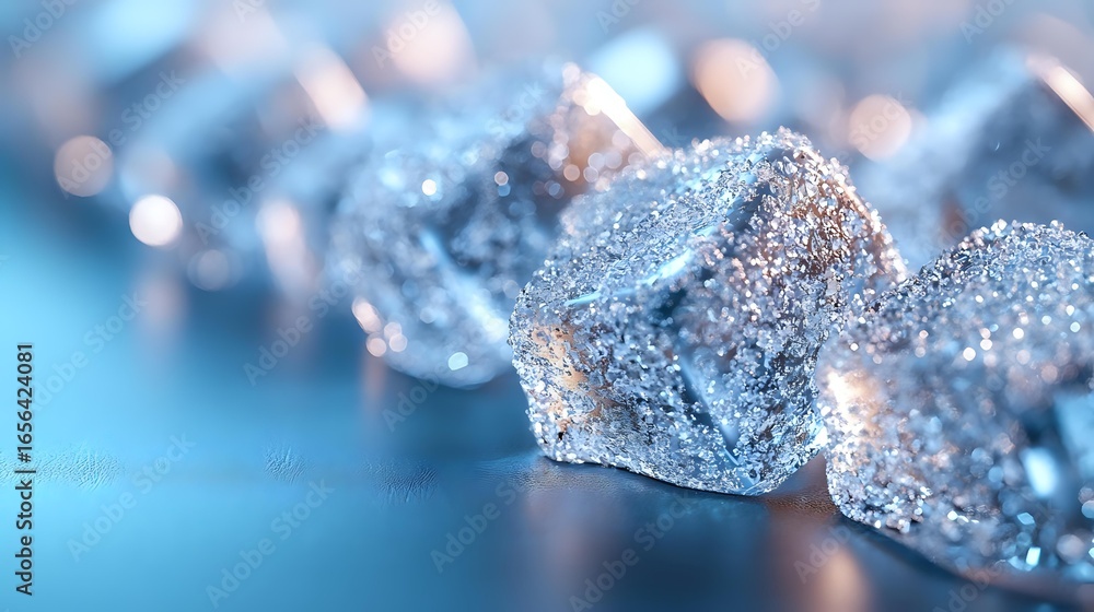 Poster sparkling crystal ice cubes with glitter effect on blue background, soft focus macro photography wit