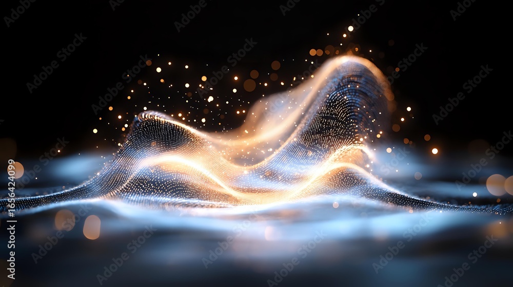 Poster glowing wave of light particles flowing with sparkles and bokeh effects on dark background creates m