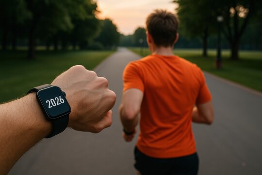 A Runner's Journey: Tracking Progress with a Smartwatch While Jogging in a Scenic Park at Sunset - Powered by Adobe