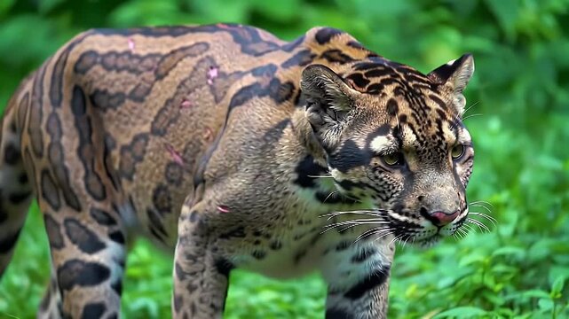 Majestic Clouded Leopard Prowling Through Lush Green Tropical Forest Foliage