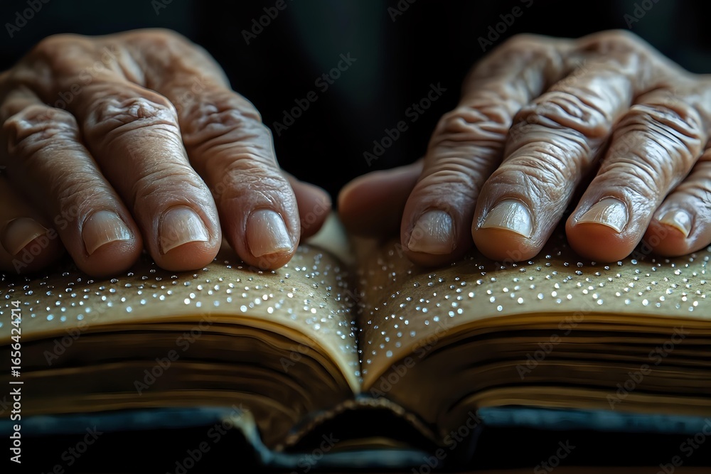 Poster weathered hands rest on open magical book with glowing golden pages and sparkling dust, creating mys