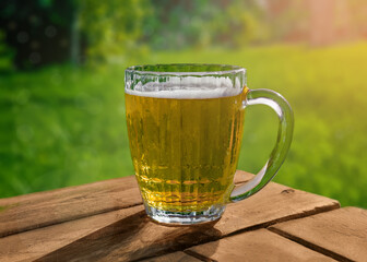 Beer glass, beer, drink, drunk, glass on wooden table, nature background