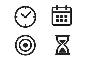 Time Management Icons: Clock, Calendar, Target, Hourglass