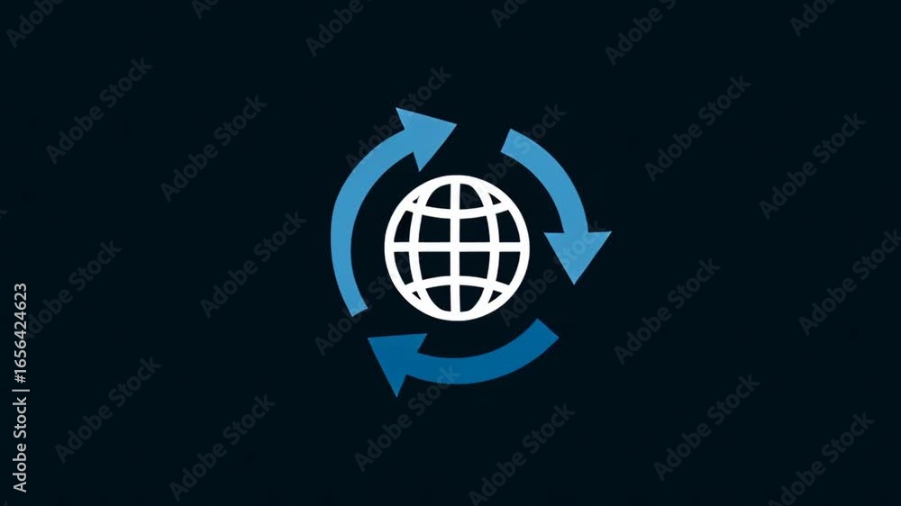 Poster blue and white circular arrows surrounding globe icon representing global connectivity and network f