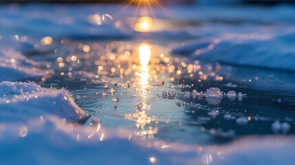 Golden Light Reflecting on Smooth Ice Lake at Sunset