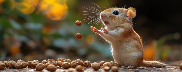 Adorable gerbil standing among scattered seeds with expressive pose and detailed backdrop