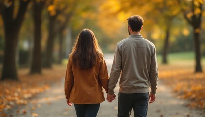 Romantic autumn stroll featuring a couple holding hands while walking together in a scenic park adorned with golden leaves under a peaceful afternoon light