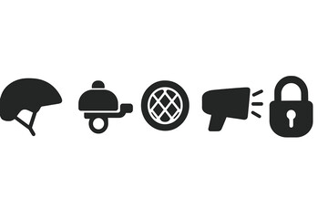Bicycle accessories icons: helmet, bell, wheel, megaphone, lock