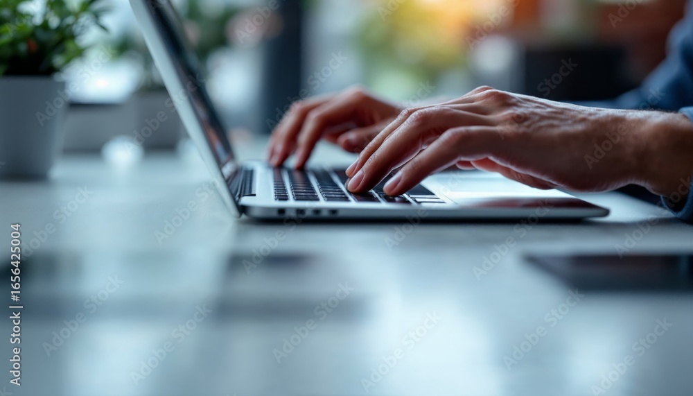 Aufkleber close-up view of hands typing on a laptop keyboard in a modern workspace with natural light and indo