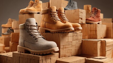 Shoes on Wooden Blocks in Studio Setting with Warm Lighting, Fashion Footwear Display, Close-Up Product Photography