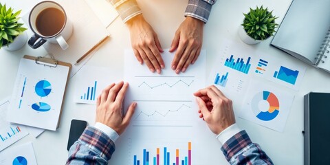 Professional Hands Arranging Papers and Charts on an Office Desk with Coffee and Office Supplies in a Collaborative Work Environment