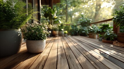 Fototapeta premium Sunlit wooden deck with potted plants and lush greenery isolated on white background