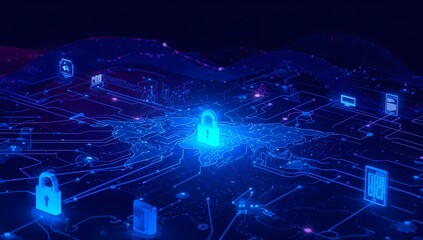 Futuristic cybersecurity illustration with glowing blue circuits, global network map, locks, shields, and digital devices linked by vibrant light lines on dark background.