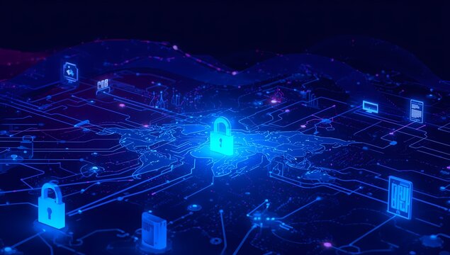Futuristic cybersecurity illustration with glowing blue circuits, global network map, locks, shields, and digital devices linked by vibrant light lines on dark background.