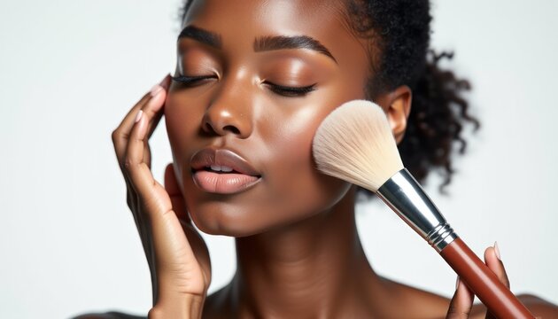 Professional close up of a beautiful female with a makeup brush and smooth skin beauty and skincare routine