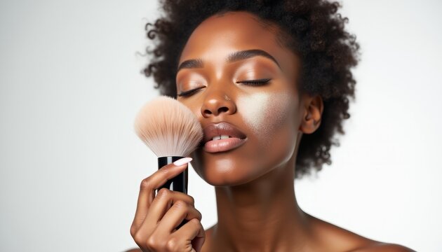 Professional close up of a beautiful female with a makeup brush and smooth skin beauty and skincare routine - Powered by Adobe