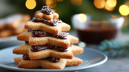 stack of star shaped cookies and chocolate spread in the shape of a christmas tree