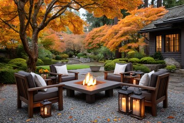 Cozy fire pit illuminating fall backyard garden in evening