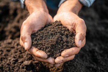 Top view of soil in hands for check the quality of the soil for control soil quality before seed plant. Future agriculture concept. Smart farming, using modern technologies in agriculture