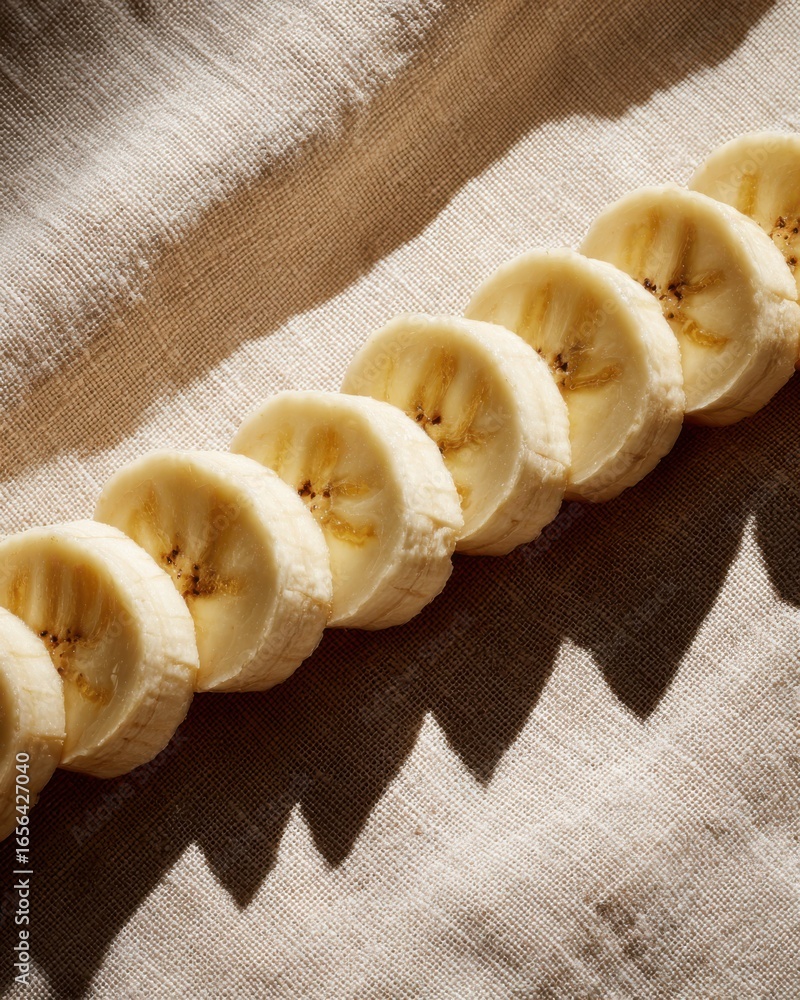 Poster Sliced Bananas Arranged Neatly on a Natural Linen Surface with Soft Shadows and Warm Light