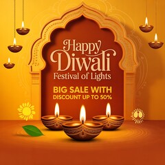Naklejka premium Happy diwali festival of lights big sale with discount up to 50 and diya lamps
