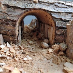 Small Tunnel Crafted in Wood Log Surrounded by Shavings and Debris in Natural Environment