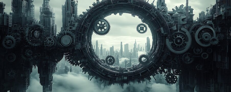 Hovering crank tunnels in inverted cities with recursive gear mechanisms industrial dreamscape in slate gray tones