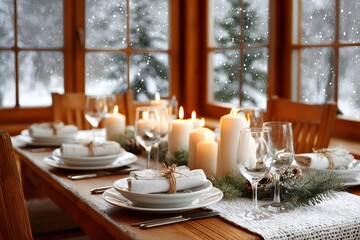 Christmas table setting with burning candles and falling snow outside window