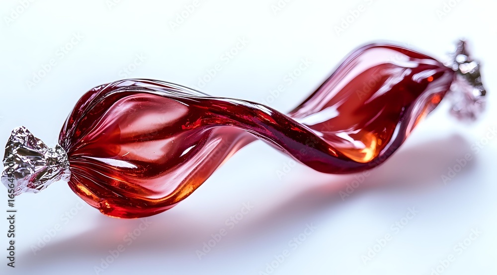Poster red twisted glass candy wrapper with metallic ends on white background, elegant abstract shape captu