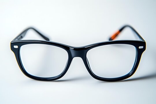 Black frame eyeglasses with rectangular shape on white background, classic style with clear lenses and orange temple tips, isolated for optical and fashion design use.