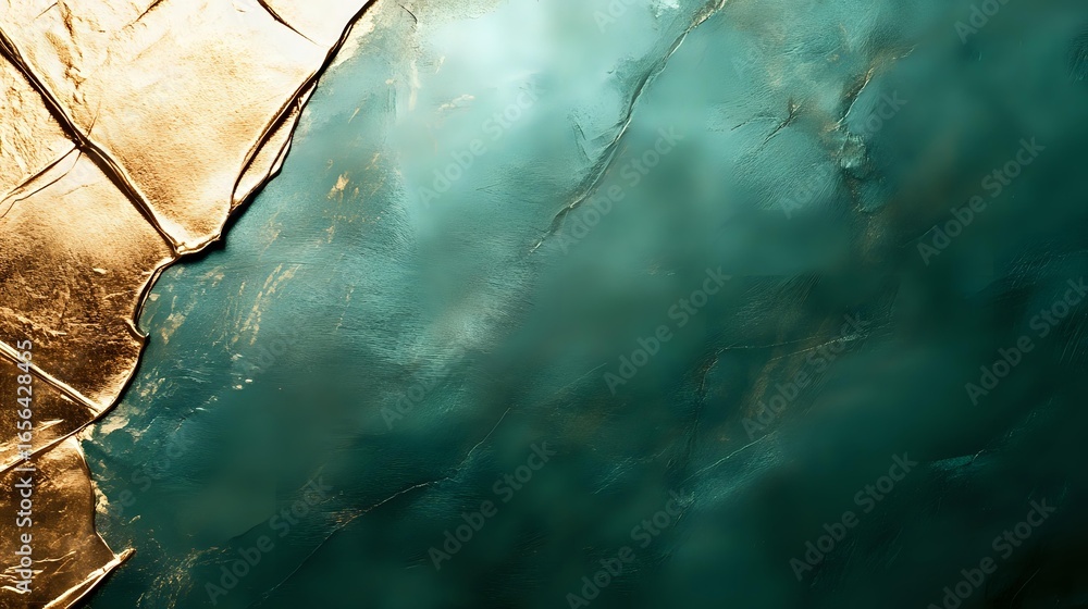 Poster luxurious emerald green and gold abstract background with metallic texture, marble effect and flowin