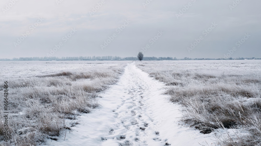 Poster snowy path through open fields in winter landscape with bare trees and cloudy sky visible in backgro