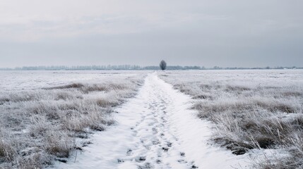 Snowy Path Through Open Fields in Winter Landscape with Bare Trees and Cloudy Sky Visible in Background