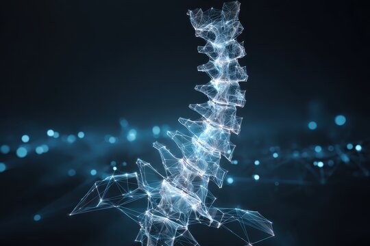 Herniated disk concept and spine pain diagnostic in low polygon, particle, and triangle style design.Wireframe light connection structure.