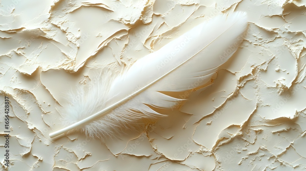 Poster white delicate feather lying on textured cream surface with rough plaster-like finish creates soft m
