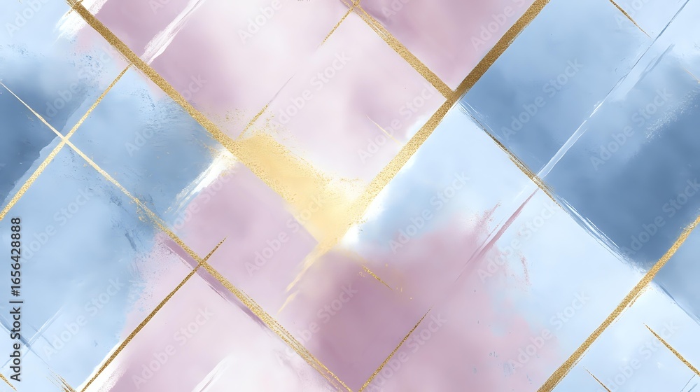 Poster elegant geometric pattern with soft pink and blue watercolor textures divided by delicate golden lin