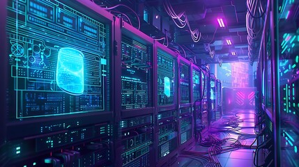 Cyberpunk-style data center with glowing holograms, futuristic servers, purple-blue ambient lighting, digital cables in organized patterns, tech concept art.