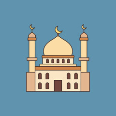 Illustration of a mosque with minarets and a dome on a blue background.