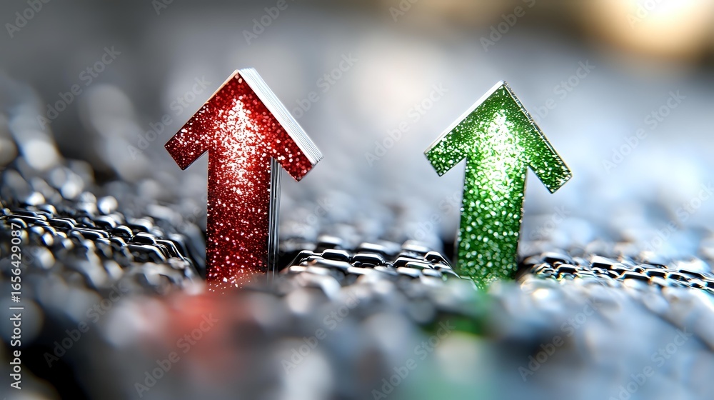 Poster red and green glowing arrows pointing upward on textured metallic surface with bokeh background, rep