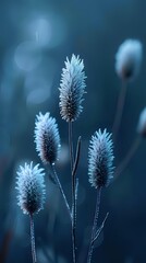Obraz premium Frost-covered wild grass heads against dark blue winter background with soft bokeh lights, creating ethereal morning nature scene with delicate ice crystals.