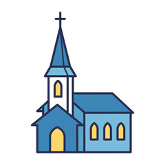 Fototapeta premium A blue church building with a steeple and cross on a white background.