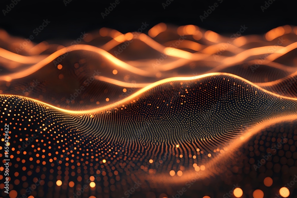 Poster abstract digital waves with glowing orange particles flowing in dark space, creating dynamic network