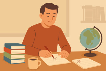 Flat illustration of teacher checking students’ work at desk in classroom, education and learning process concept