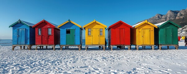 Colorful beach huts lining the white sand under a clear blue sky