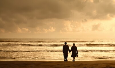 Fototapeta premium couple walking on the beach at sunset