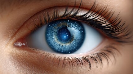 Fototapeta premium Woman's eye reflecting the universe, exploring the depths of existence
