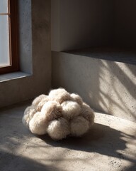 Soft and Textured Decorative Object in Sunlit Room with Minimalist Aesthetic and Natural Materials